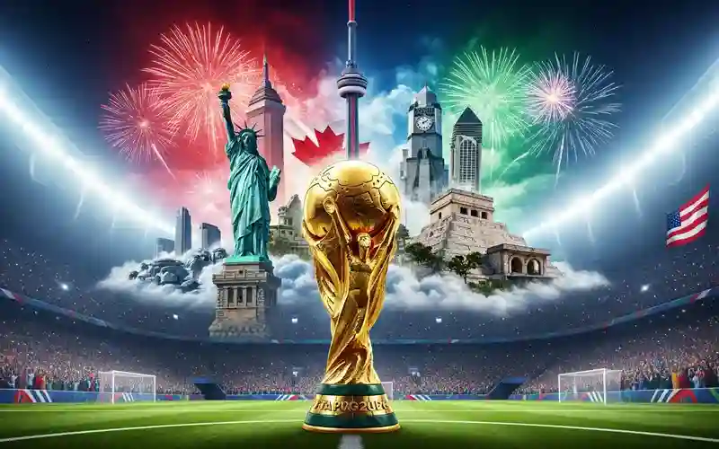 Image Generated by AI of a FIFA World Cup 2026 promotional graphic showing the trophy and iconic landmarks from the USA, Canada, and Mexico in a packed stadium.